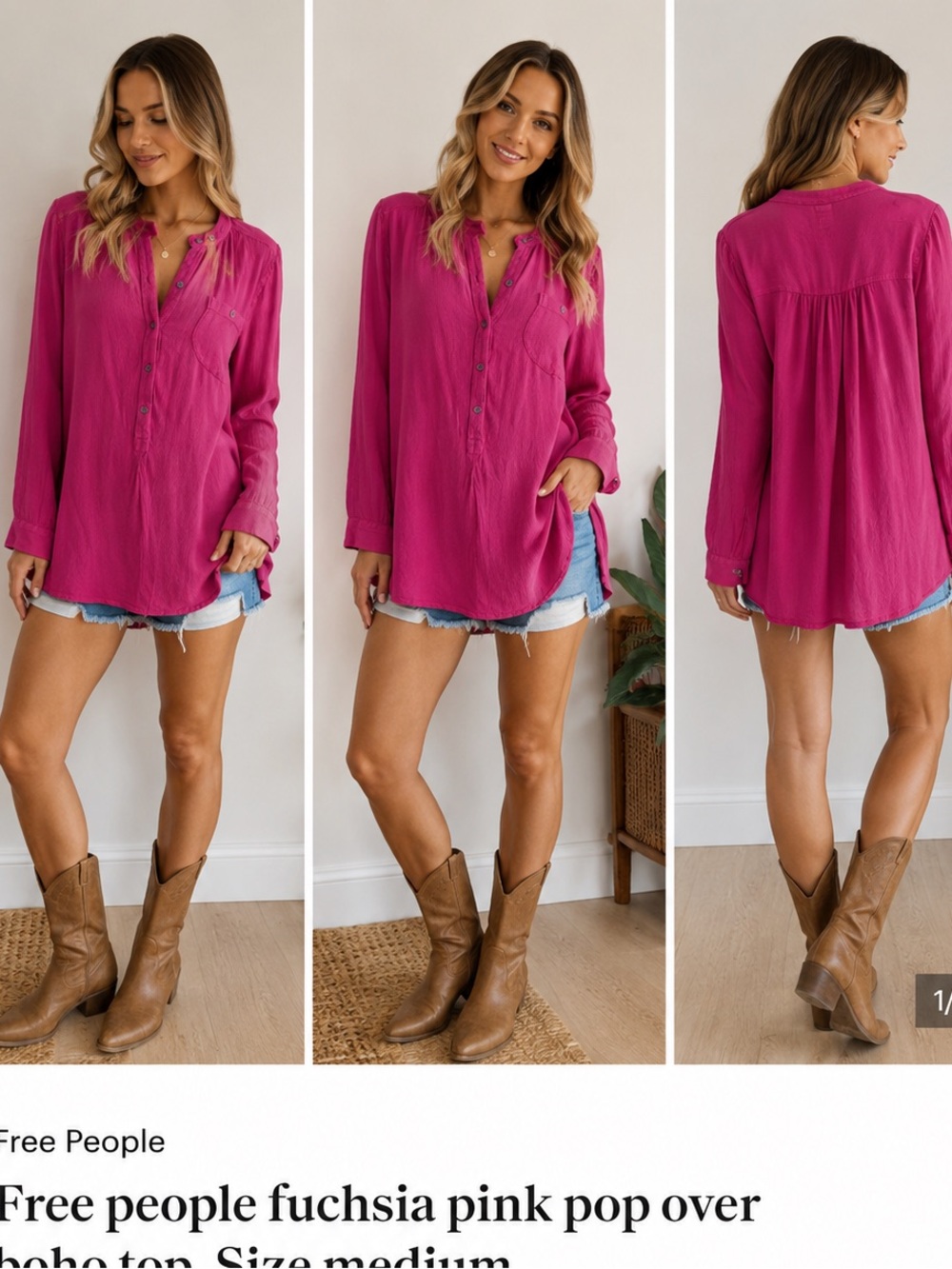 Free people fuchsia pink pop over boho top. Size medium